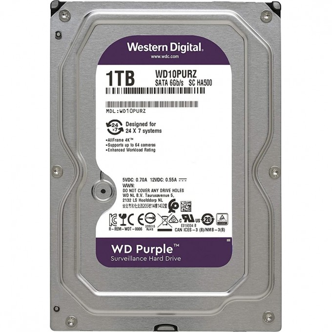 Жесткий диск WESTERN DIGITAL PURPLE , 1ТБ, HDD, SATA III, 3.5" WD10PURZ Жесткий диск WESTERN DIGITAL PURPLE , 1ТБ, HDD, SATA III, 3.5" WD10PURZ
