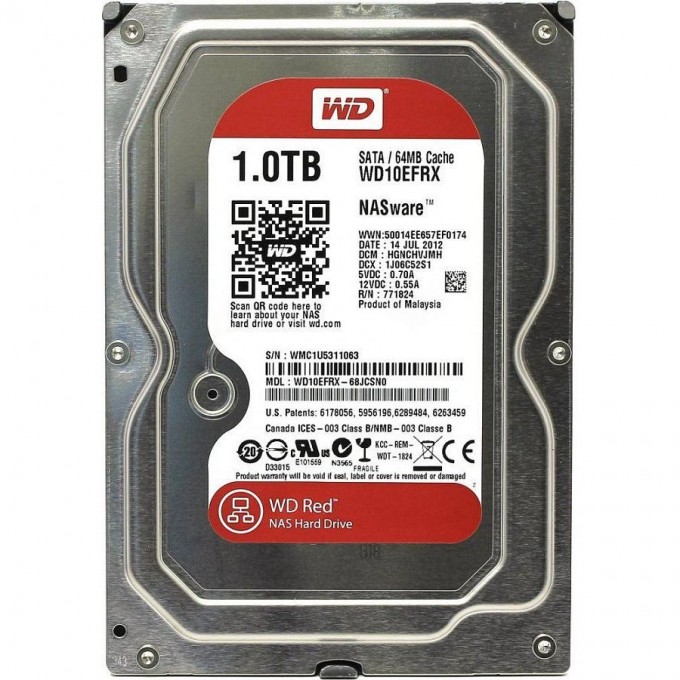 Жесткий диск WESTERN DIGITAL RED , 1ТБ, HDD, SATA III, 3.5" WD10EFRX